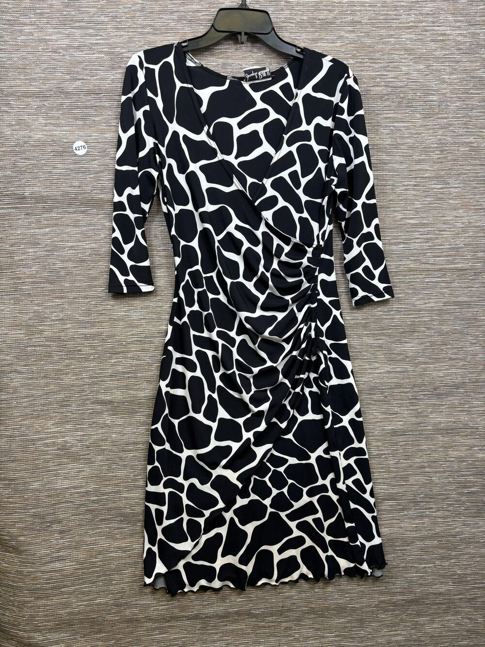 Joseph Ribkoff Dress Womens 6 Black Animal Print Ruched Wrap Sheath 3/4 Sleeve